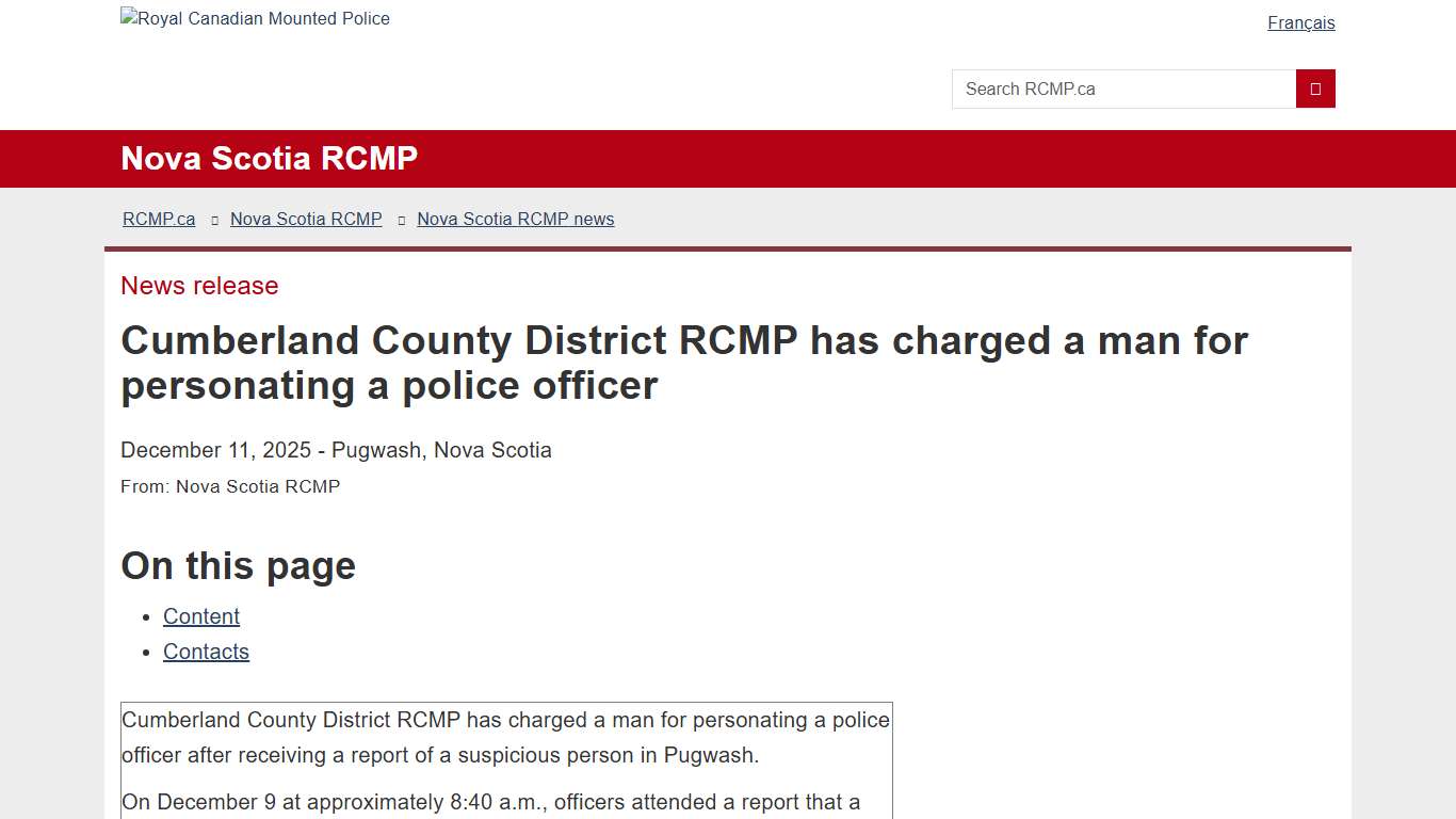 Cumberland County District RCMP has charged a man for personating a police officer | Royal Canadian Mounted Police